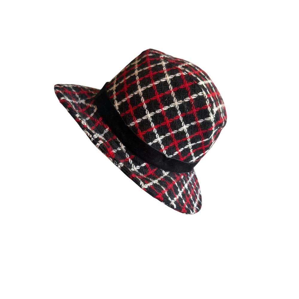Liz Claiborne Bucket Hat Red Black White Plaid Wool Velvet Band Floral Jewel - Picture 1 of 6